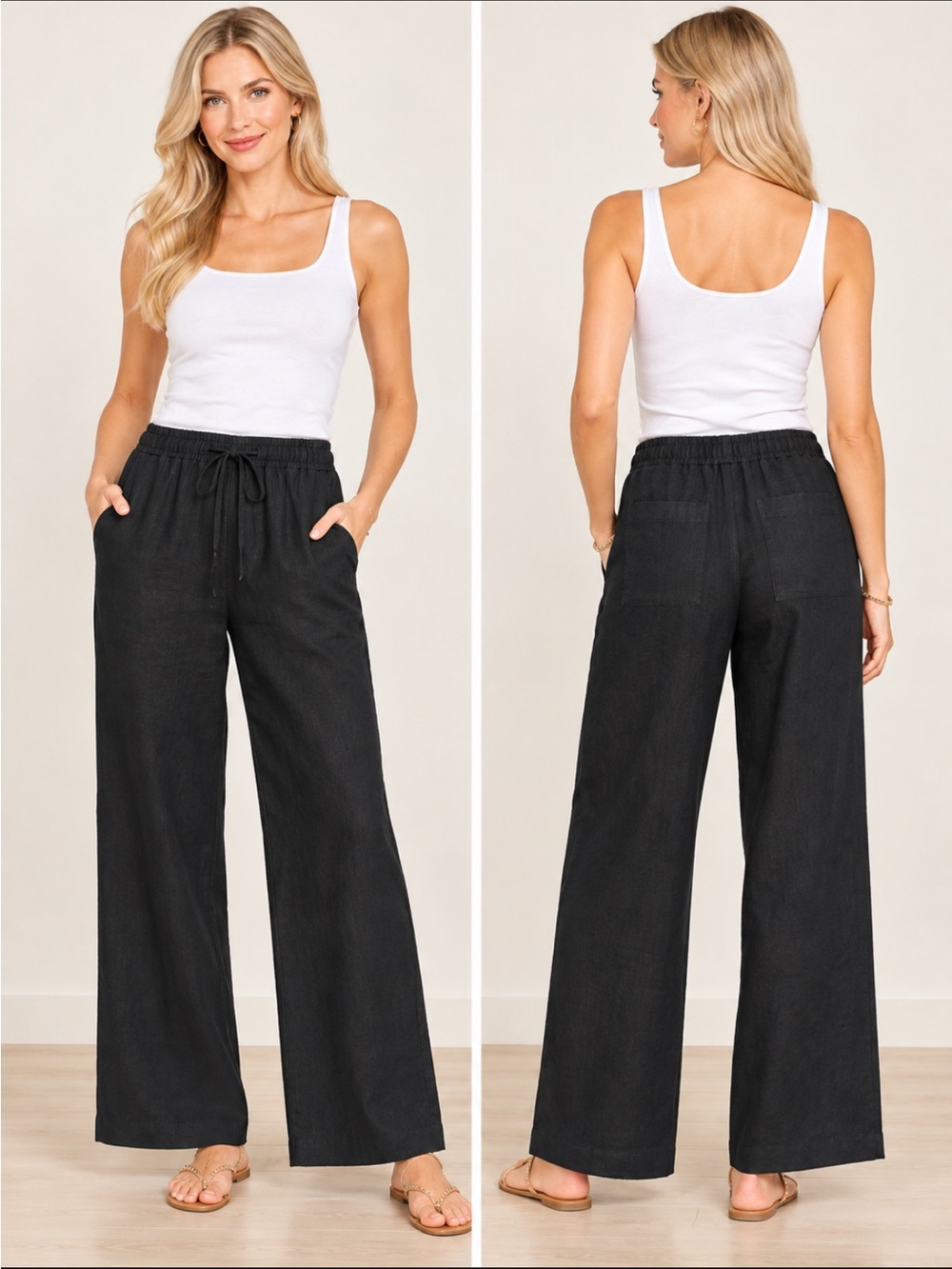 GAP Women’s Pull-On Linen Wide Leg Pants Black Elastic Waist 4 Pockets 😍
